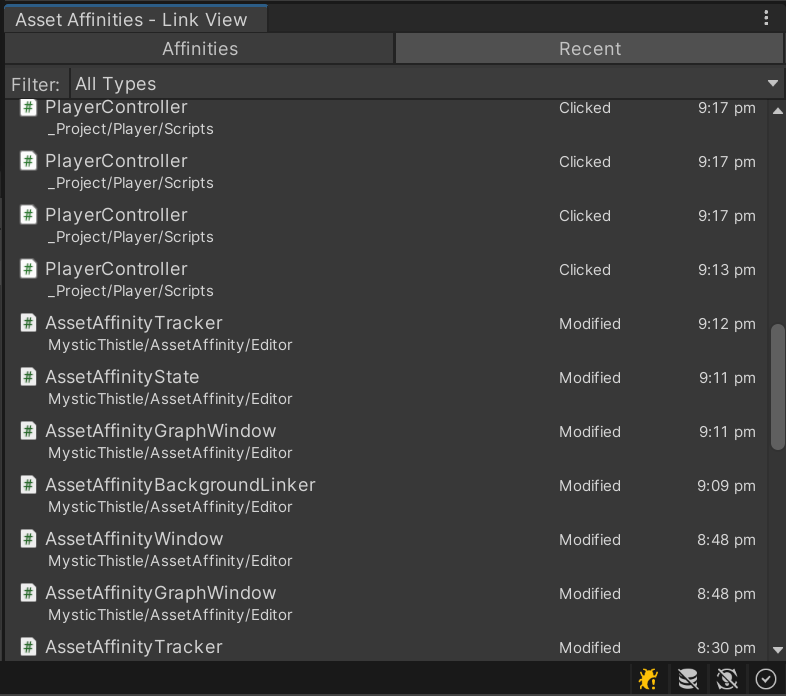 Asset Affinity Recent tab, listing tracked activity grouped by time